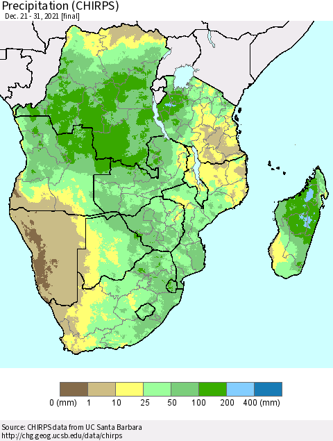 Southern Africa Precipitation (CHIRPS) Thematic Map For 12/21/2021 - 12/31/2021