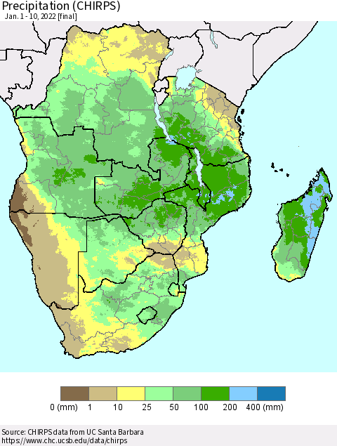 Southern Africa Precipitation (CHIRPS) Thematic Map For 1/1/2022 - 1/10/2022