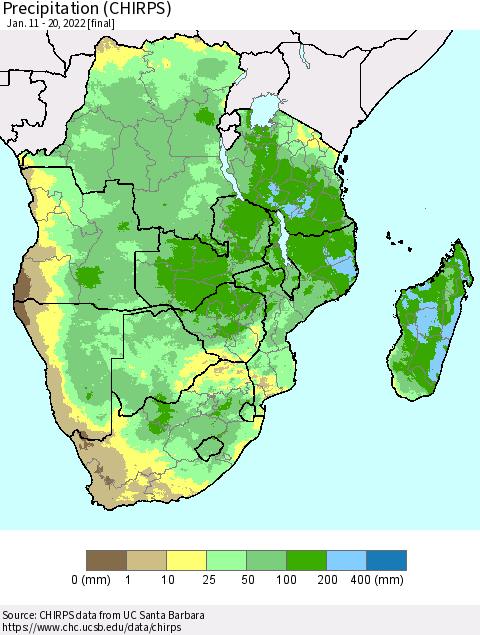 Southern Africa Precipitation (CHIRPS) Thematic Map For 1/11/2022 - 1/20/2022