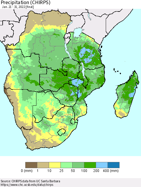 Southern Africa Precipitation (CHIRPS) Thematic Map For 1/21/2022 - 1/31/2022