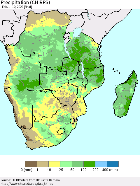 Southern Africa Precipitation (CHIRPS) Thematic Map For 2/1/2022 - 2/10/2022