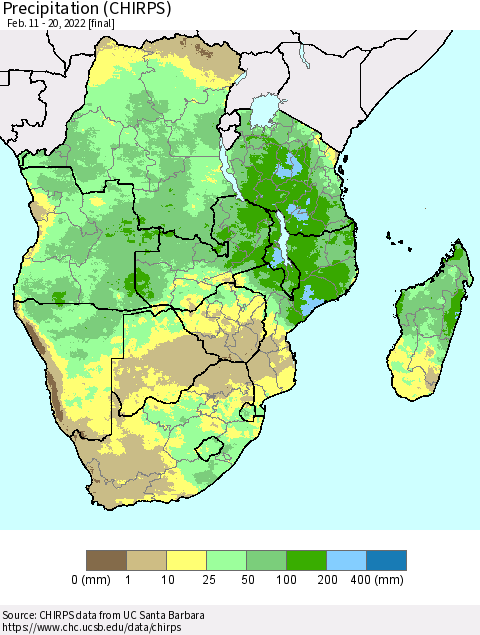 Southern Africa Precipitation (CHIRPS) Thematic Map For 2/11/2022 - 2/20/2022