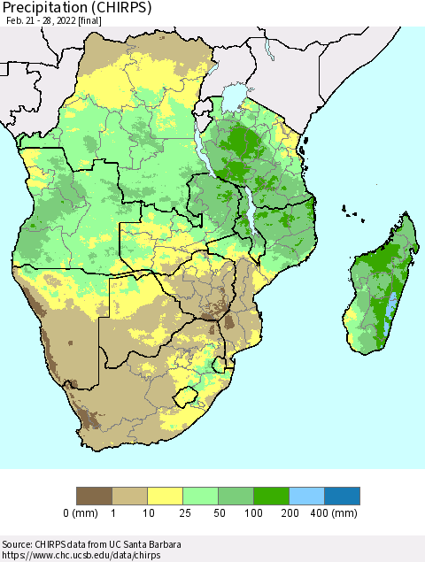 Southern Africa Precipitation (CHIRPS) Thematic Map For 2/21/2022 - 2/28/2022