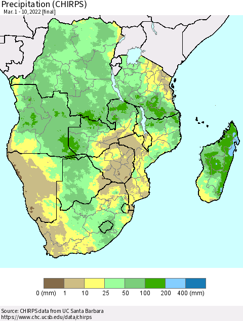 Southern Africa Precipitation (CHIRPS) Thematic Map For 3/1/2022 - 3/10/2022