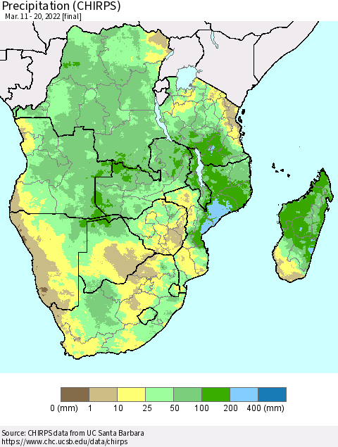 Southern Africa Precipitation (CHIRPS) Thematic Map For 3/11/2022 - 3/20/2022