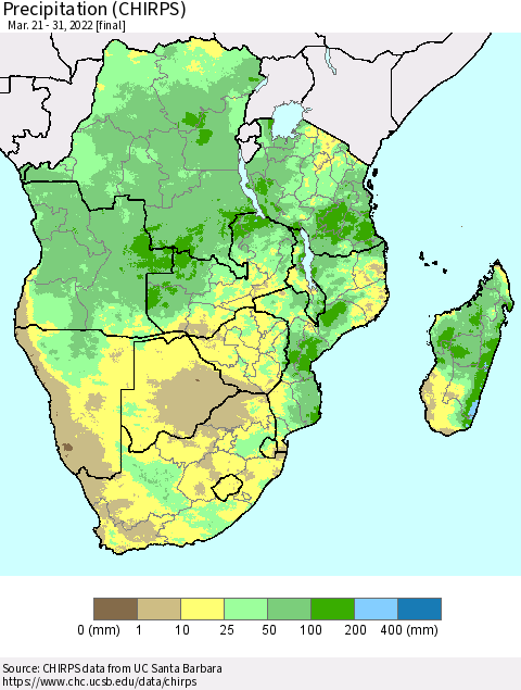 Southern Africa Precipitation (CHIRPS) Thematic Map For 3/21/2022 - 3/31/2022