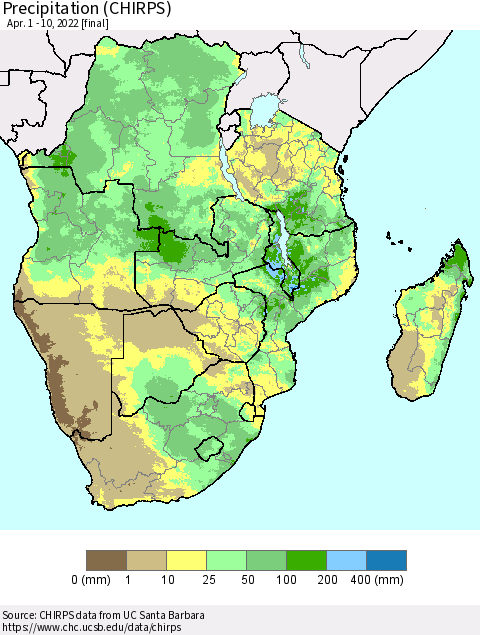 Southern Africa Precipitation (CHIRPS) Thematic Map For 4/1/2022 - 4/10/2022