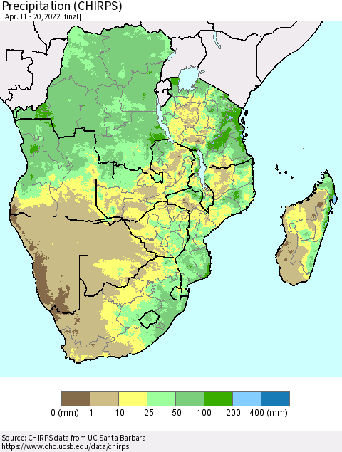 Southern Africa Precipitation (CHIRPS) Thematic Map For 4/11/2022 - 4/20/2022