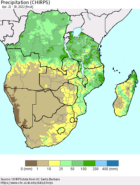 Southern Africa Precipitation (CHIRPS) Thematic Map For 4/21/2022 - 4/30/2022