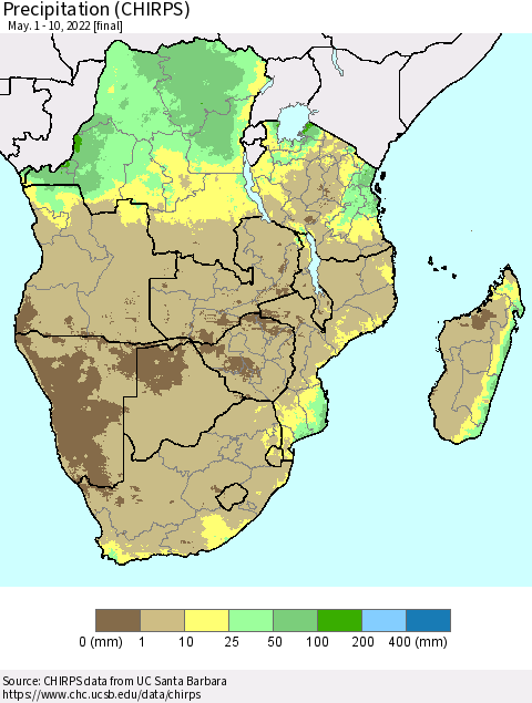 Southern Africa Precipitation (CHIRPS) Thematic Map For 5/1/2022 - 5/10/2022