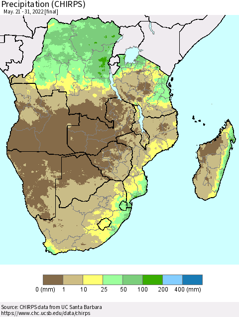 Southern Africa Precipitation (CHIRPS) Thematic Map For 5/21/2022 - 5/31/2022