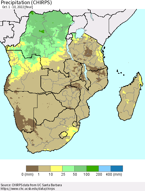 Southern Africa Precipitation (CHIRPS) Thematic Map For 10/1/2022 - 10/10/2022