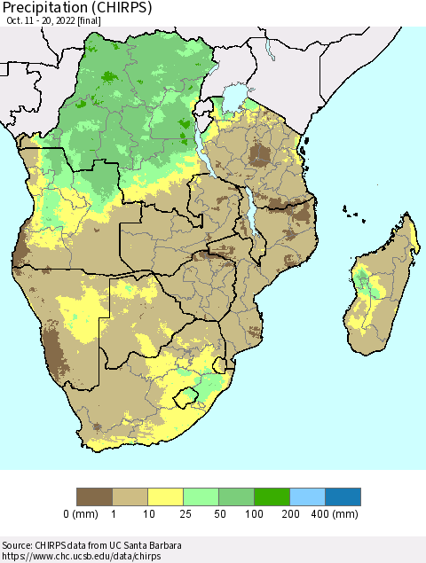 Southern Africa Precipitation (CHIRPS) Thematic Map For 10/11/2022 - 10/20/2022