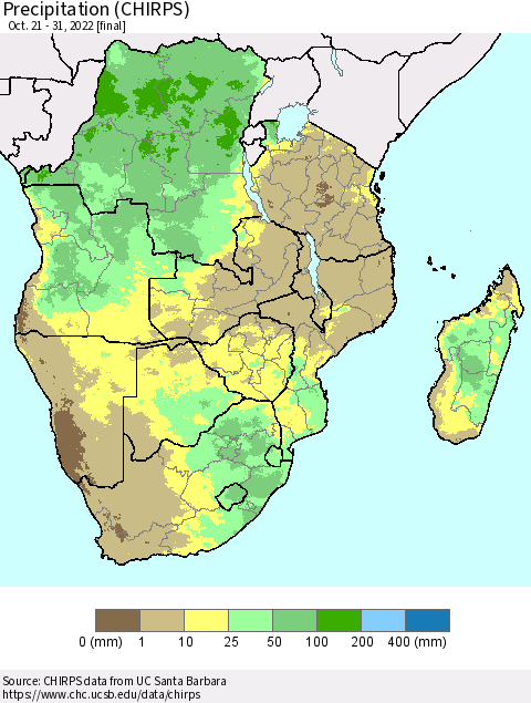 Southern Africa Precipitation (CHIRPS) Thematic Map For 10/21/2022 - 10/31/2022