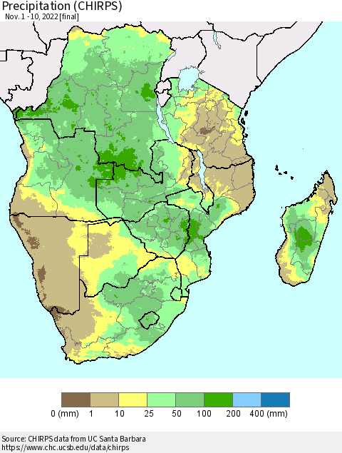 Southern Africa Precipitation (CHIRPS) Thematic Map For 11/1/2022 - 11/10/2022