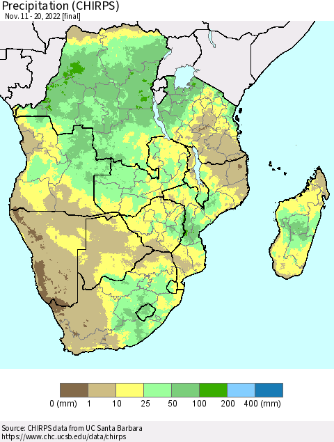 Southern Africa Precipitation (CHIRPS) Thematic Map For 11/11/2022 - 11/20/2022