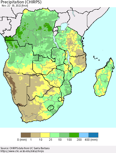 Southern Africa Precipitation (CHIRPS) Thematic Map For 11/21/2022 - 11/30/2022