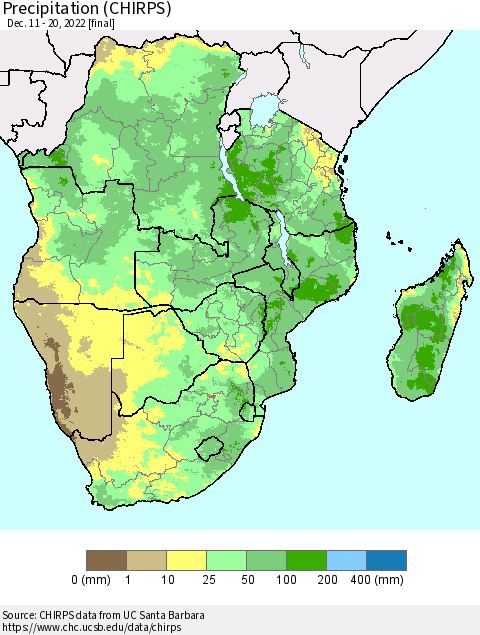 Southern Africa Precipitation (CHIRPS) Thematic Map For 12/11/2022 - 12/20/2022