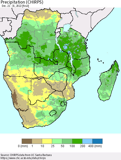 Southern Africa Precipitation (CHIRPS) Thematic Map For 12/21/2022 - 12/31/2022