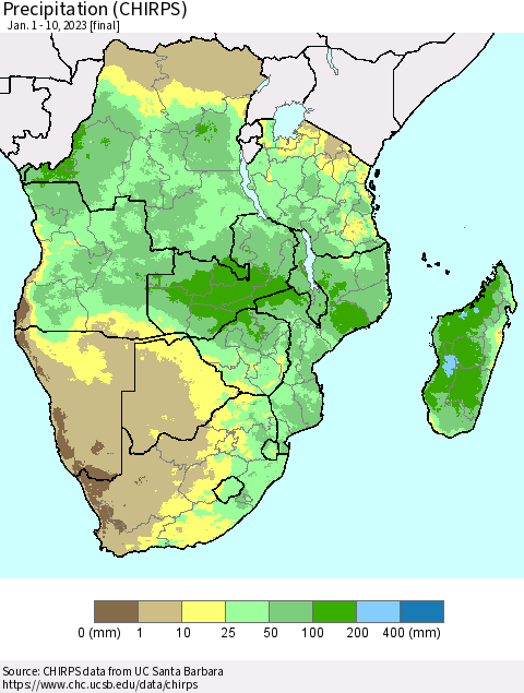 Southern Africa Precipitation (CHIRPS) Thematic Map For 1/1/2023 - 1/10/2023