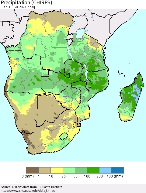Southern Africa Precipitation (CHIRPS) Thematic Map For 1/11/2023 - 1/20/2023