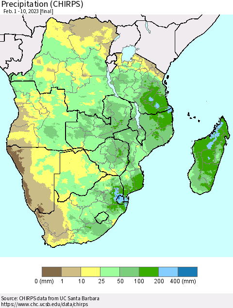 Southern Africa Precipitation (CHIRPS) Thematic Map For 2/1/2023 - 2/10/2023