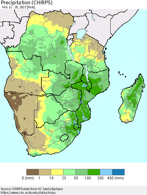 Southern Africa Precipitation (CHIRPS) Thematic Map For 2/11/2023 - 2/20/2023