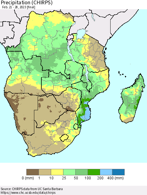 Southern Africa Precipitation (CHIRPS) Thematic Map For 2/21/2023 - 2/28/2023