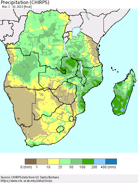 Southern Africa Precipitation (CHIRPS) Thematic Map For 3/1/2023 - 3/10/2023