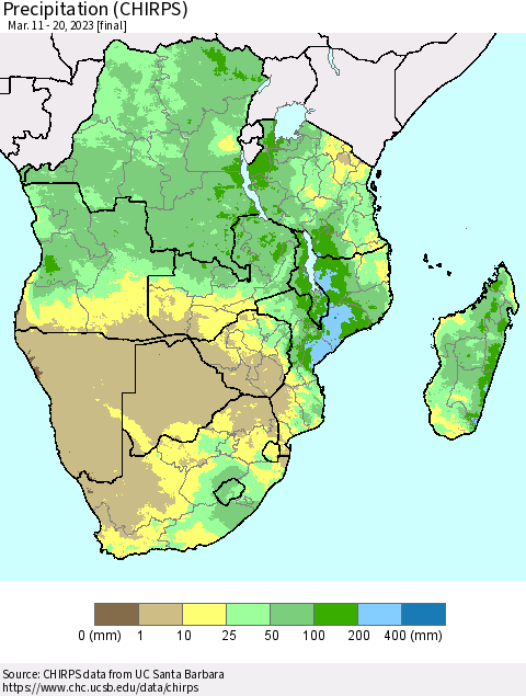 Southern Africa Precipitation (CHIRPS) Thematic Map For 3/11/2023 - 3/20/2023