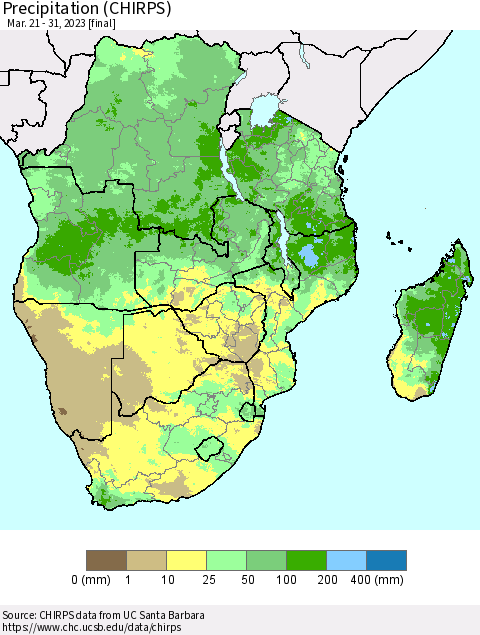 Southern Africa Precipitation (CHIRPS) Thematic Map For 3/21/2023 - 3/31/2023