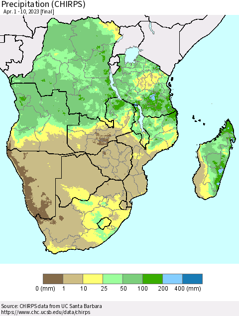 Southern Africa Precipitation (CHIRPS) Thematic Map For 4/1/2023 - 4/10/2023