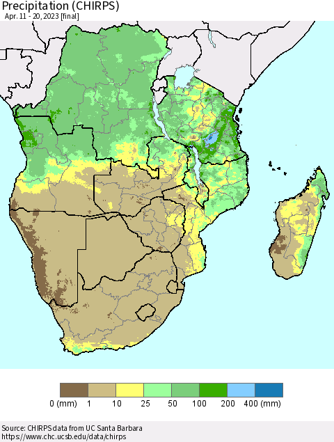 Southern Africa Precipitation (CHIRPS) Thematic Map For 4/11/2023 - 4/20/2023