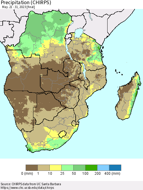 Southern Africa Precipitation (CHIRPS) Thematic Map For 5/21/2023 - 5/31/2023