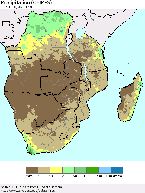 Southern Africa Precipitation (CHIRPS) Thematic Map For 6/1/2023 - 6/10/2023