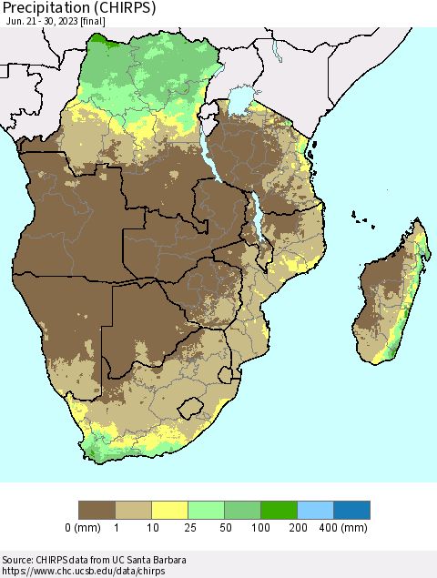 Southern Africa Precipitation (CHIRPS) Thematic Map For 6/21/2023 - 6/30/2023