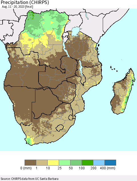 Southern Africa Precipitation (CHIRPS) Thematic Map For 8/11/2023 - 8/20/2023