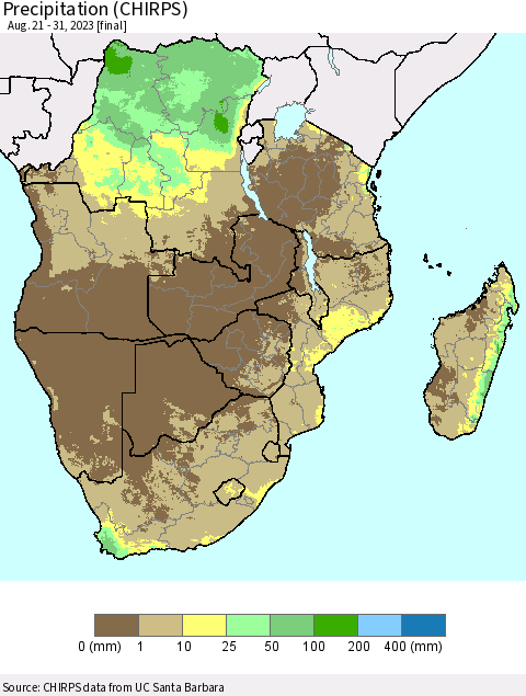 Southern Africa Precipitation (CHIRPS) Thematic Map For 8/21/2023 - 8/31/2023