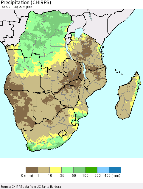Southern Africa Precipitation (CHIRPS) Thematic Map For 9/21/2023 - 9/30/2023
