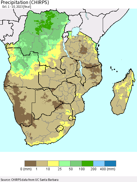 Southern Africa Precipitation (CHIRPS) Thematic Map For 10/1/2023 - 10/10/2023