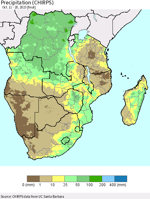 Southern Africa Precipitation (CHIRPS) Thematic Map For 10/11/2023 - 10/20/2023