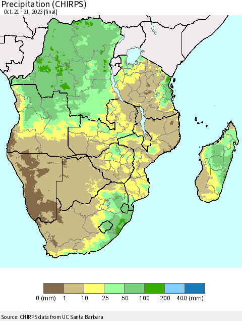Southern Africa Precipitation (CHIRPS) Thematic Map For 10/21/2023 - 10/31/2023