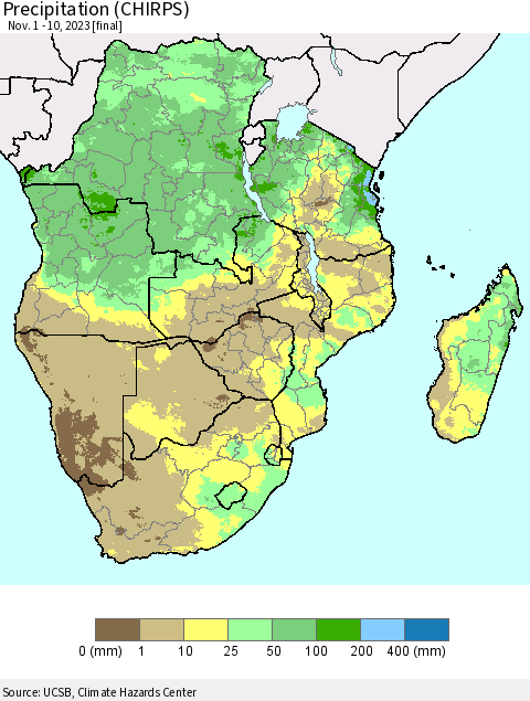 Southern Africa Precipitation (CHIRPS) Thematic Map For 11/1/2023 - 11/10/2023