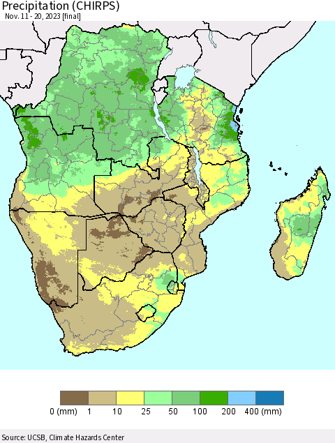 Southern Africa Precipitation (CHIRPS) Thematic Map For 11/11/2023 - 11/20/2023