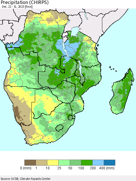 Southern Africa Precipitation (CHIRPS) Thematic Map For 12/21/2023 - 12/31/2023