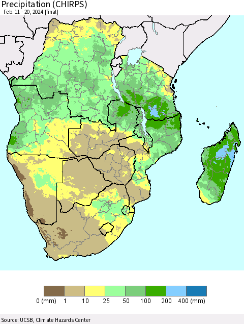 Southern Africa Precipitation (CHIRPS) Thematic Map For 2/11/2024 - 2/20/2024