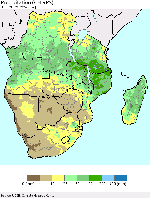 Southern Africa Precipitation (CHIRPS) Thematic Map For 2/21/2024 - 2/29/2024