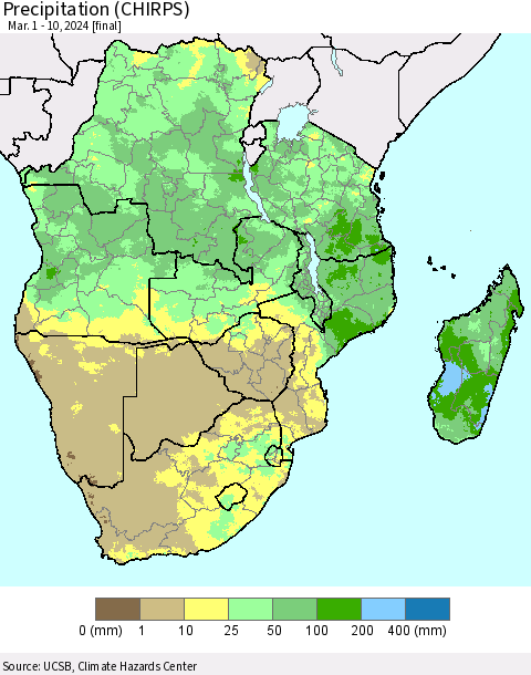 Southern Africa Precipitation (CHIRPS) Thematic Map For 3/1/2024 - 3/10/2024