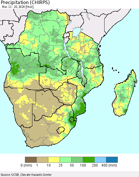 Southern Africa Precipitation (CHIRPS) Thematic Map For 3/11/2024 - 3/20/2024