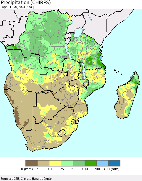 Southern Africa Precipitation (CHIRPS) Thematic Map For 4/11/2024 - 4/20/2024